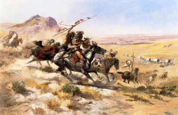 charles Pintura - Ataque a una caravana Indios americanos occidentales Charles Marion Russell